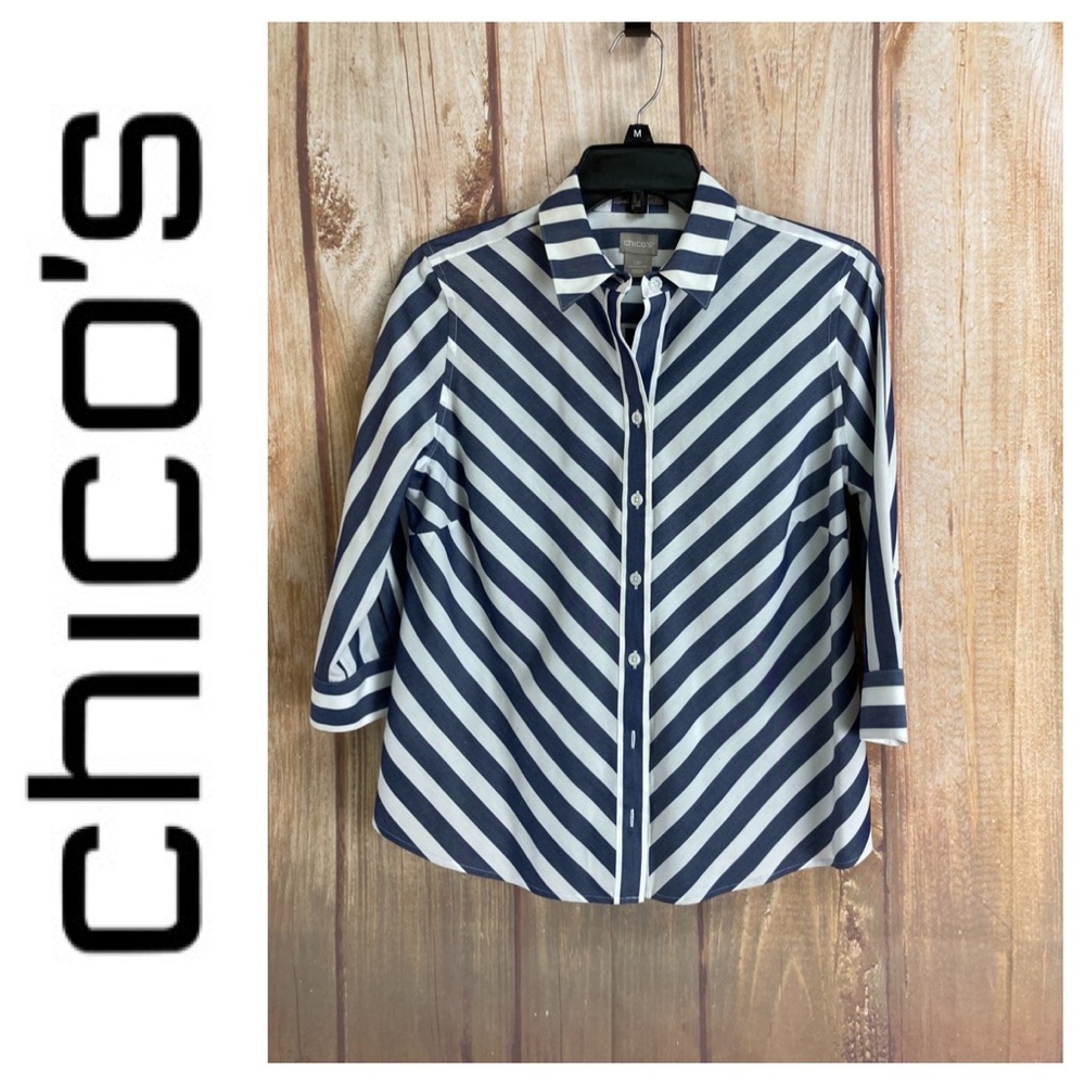 ➡️Chico’s 3/4 Sleeve Chevron Button Down Shirt Size 0P (Small 4 /Petite)